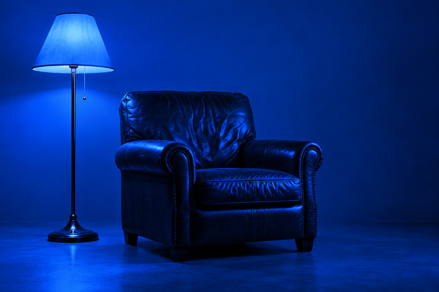 Leather armchair beside a standing lamp in blue light