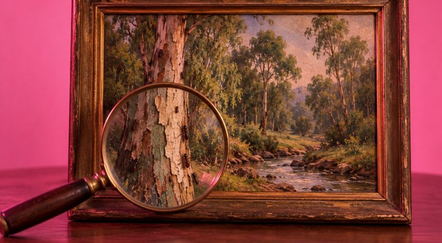 A landscape painting with a magnifying glass revealing flaws in the scene