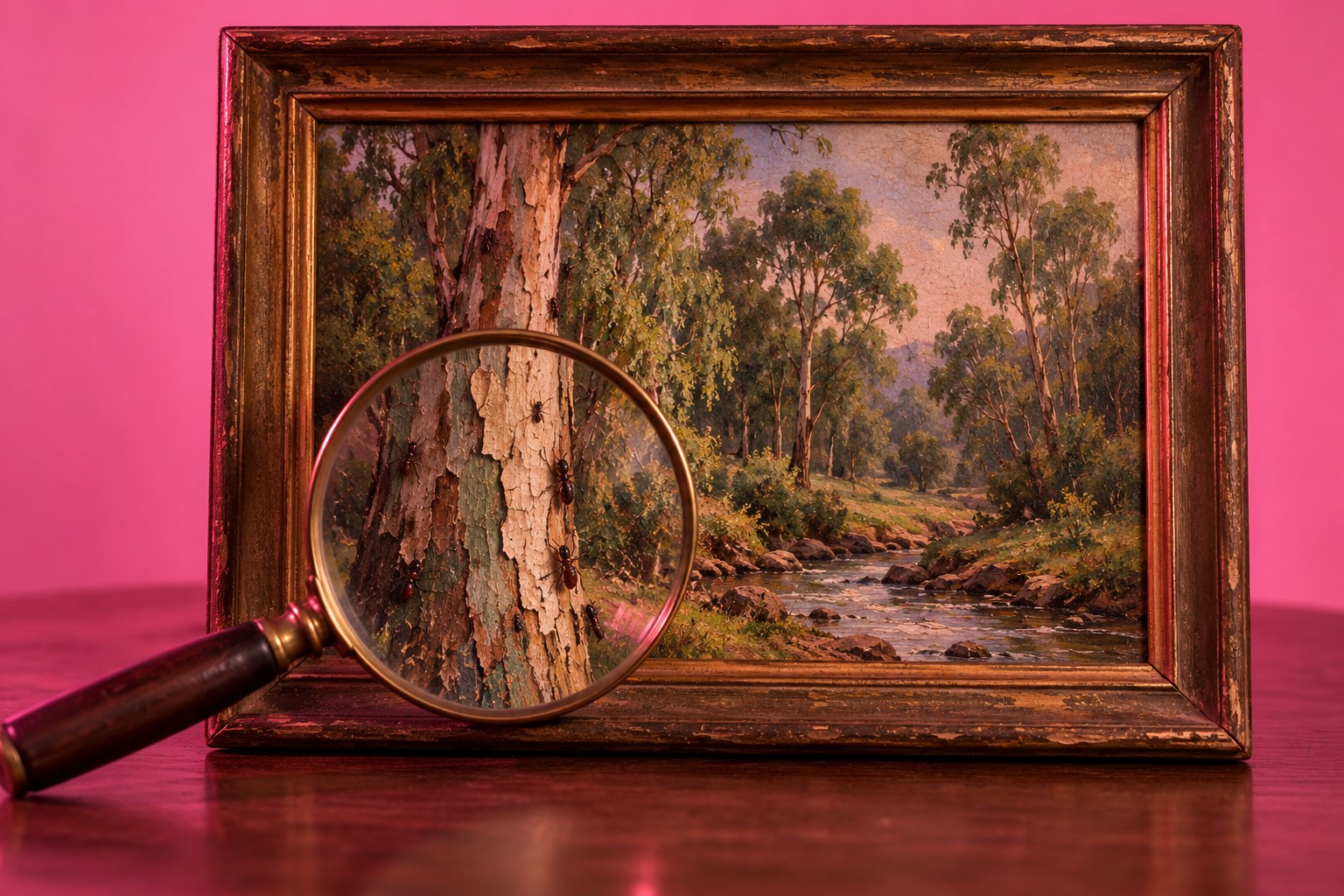 A landscape painting with a magnifying glass revealing flaws in the scene