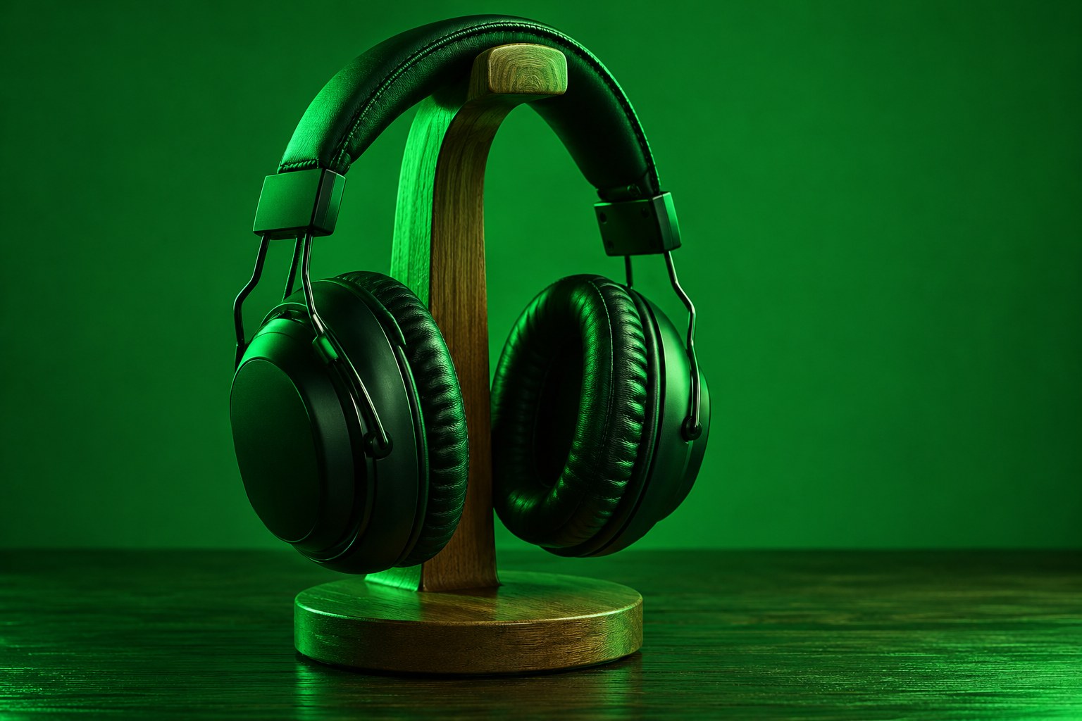 a pair of black over ear radio headphones on a wooden stand photographed in a studio