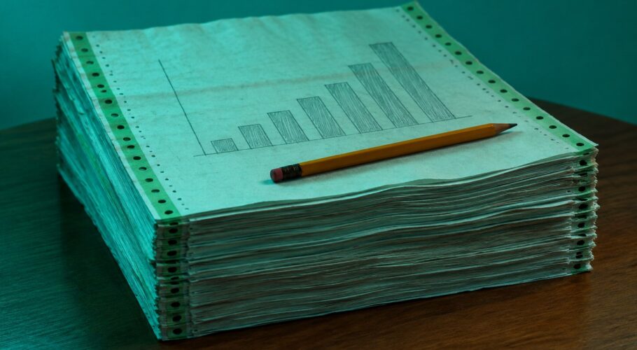 A stack of printout pages with a pencil-drawn bar chart on a desk