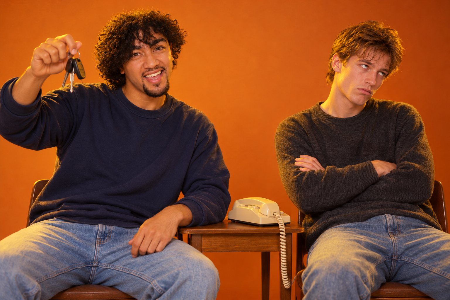 One man proudly holds up car keys while his friend slouches with folded arms, studio photograph in the style of 1999 Sydney
