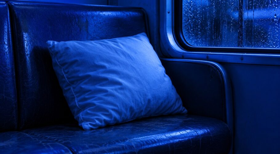 A pillow on a train bench seat beside a rain-streaked window