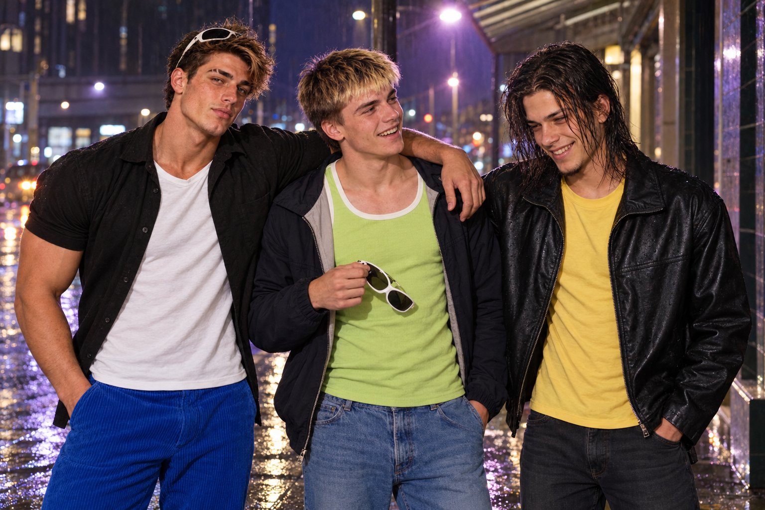 Friends hold wraparound sunglasses and laugh under street lights on a wet city street at night.