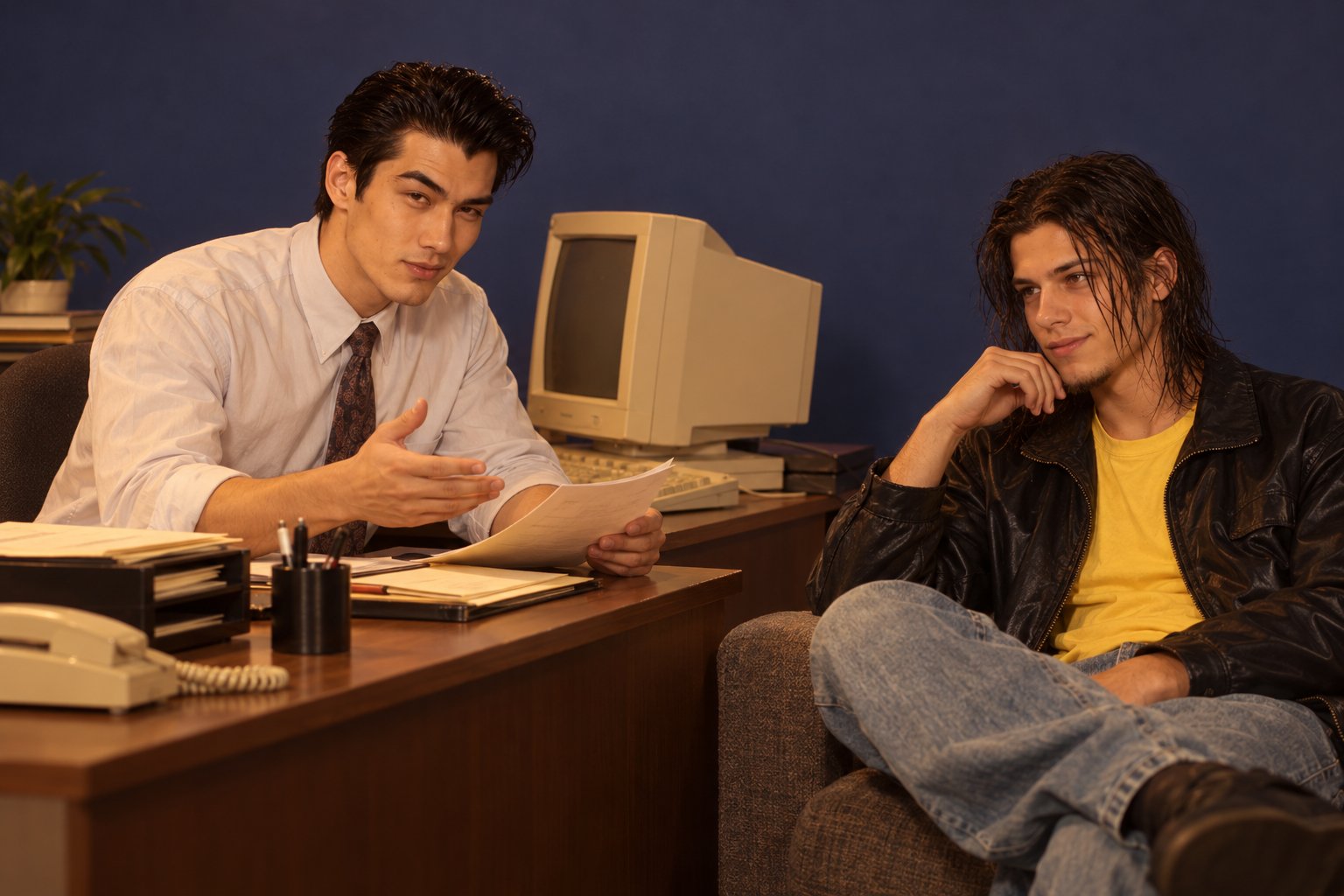 A young man in a shirt and tie leans forward earnestly to explain a request across an office desk.