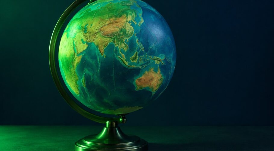 An unlabeled desk globe lit by green light