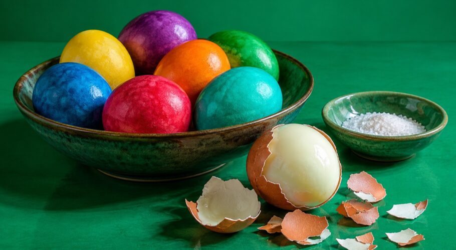 A bowl of dyed Easter eggs with one peeled egg