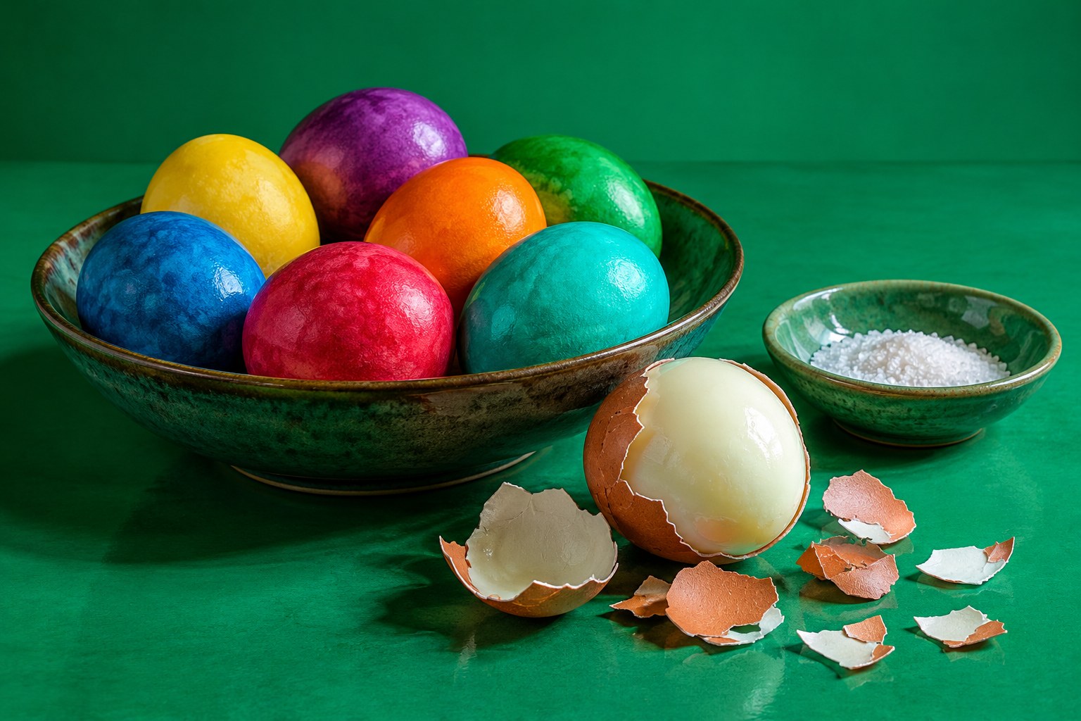 A bowl of dyed Easter eggs with one peeled egg