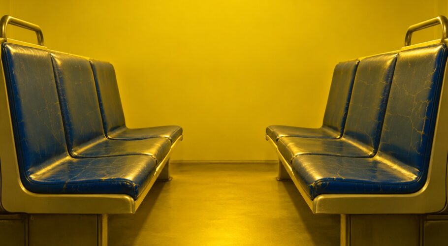 An empty row of blue vinyl 1990s train seats facing each other in yellow light