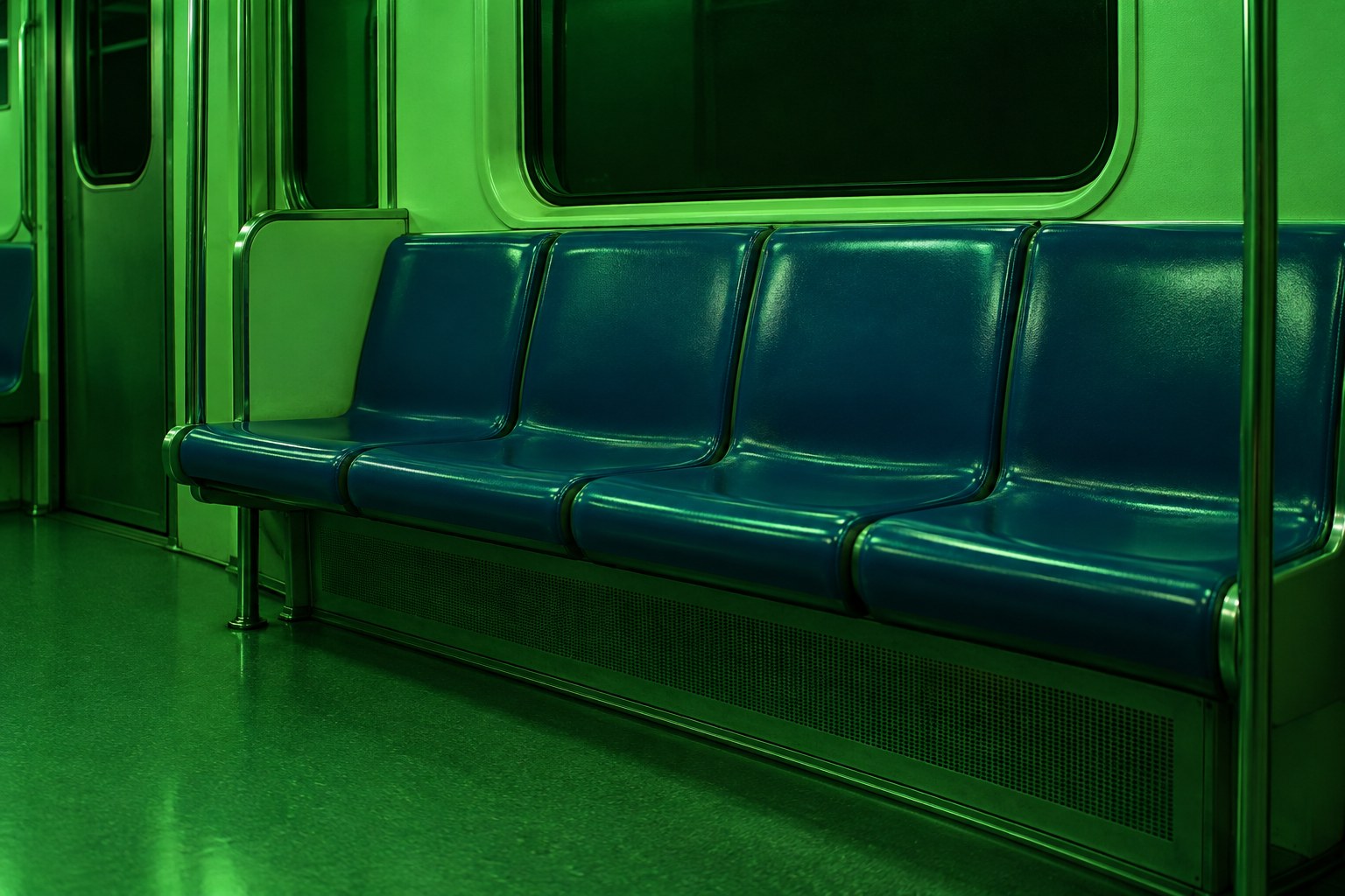 Empty blue vinyl seats in an old train carriage in green light