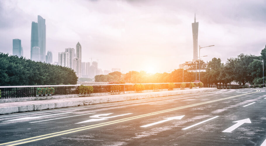Emptry Road In China Guangzhou Looking Towards Guangzhou Tower