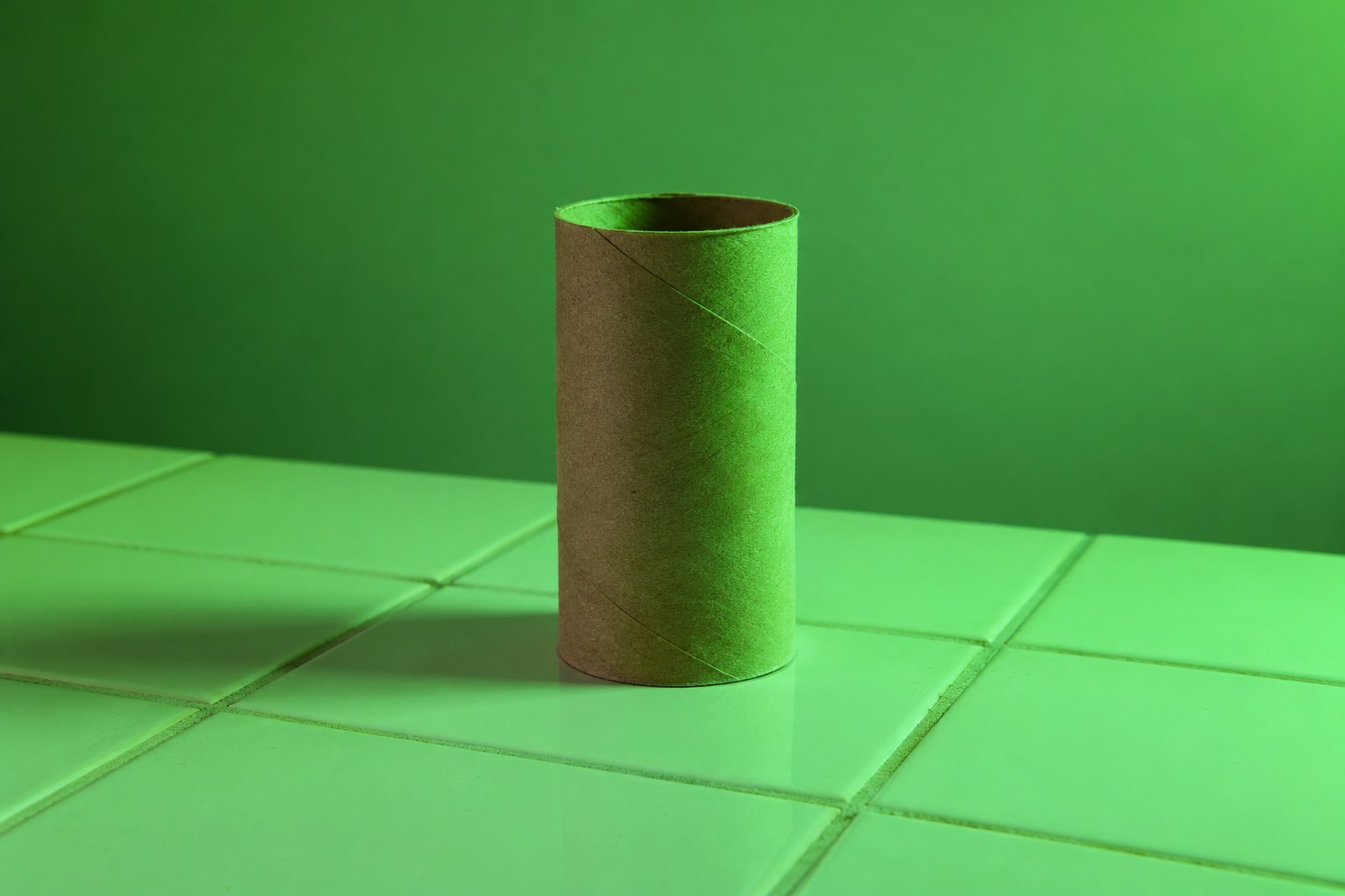 An empty cardboard tube on a tiled bench under green light