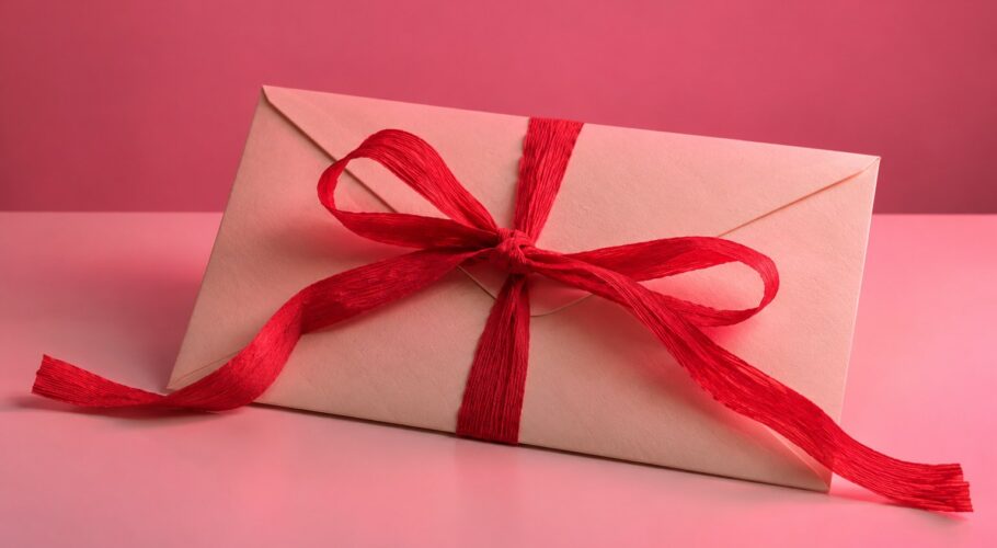 A sealed cream envelope wrapped with red crepe paper on a white table under pink light