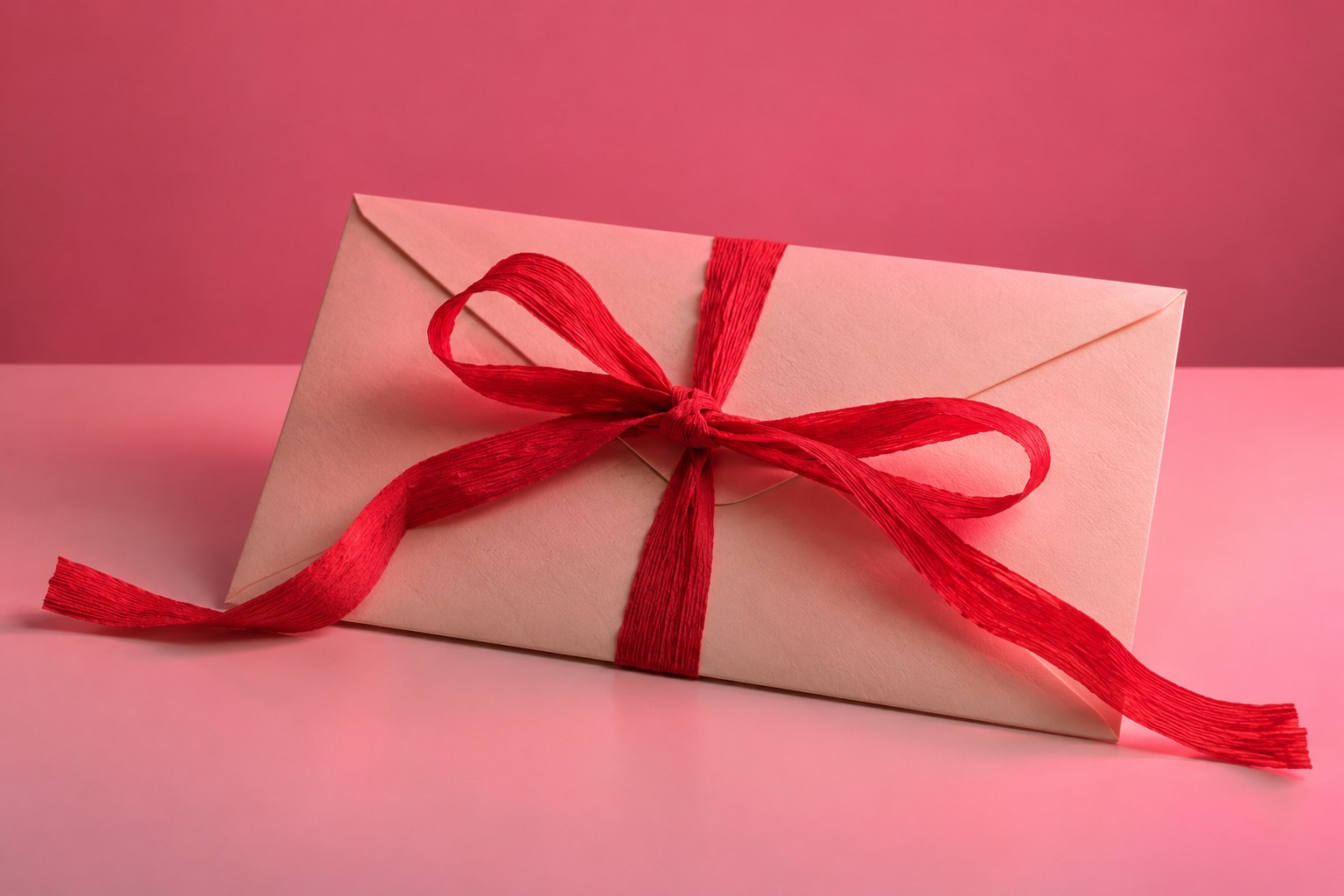 A sealed cream envelope wrapped with red crepe paper on a white table under pink light