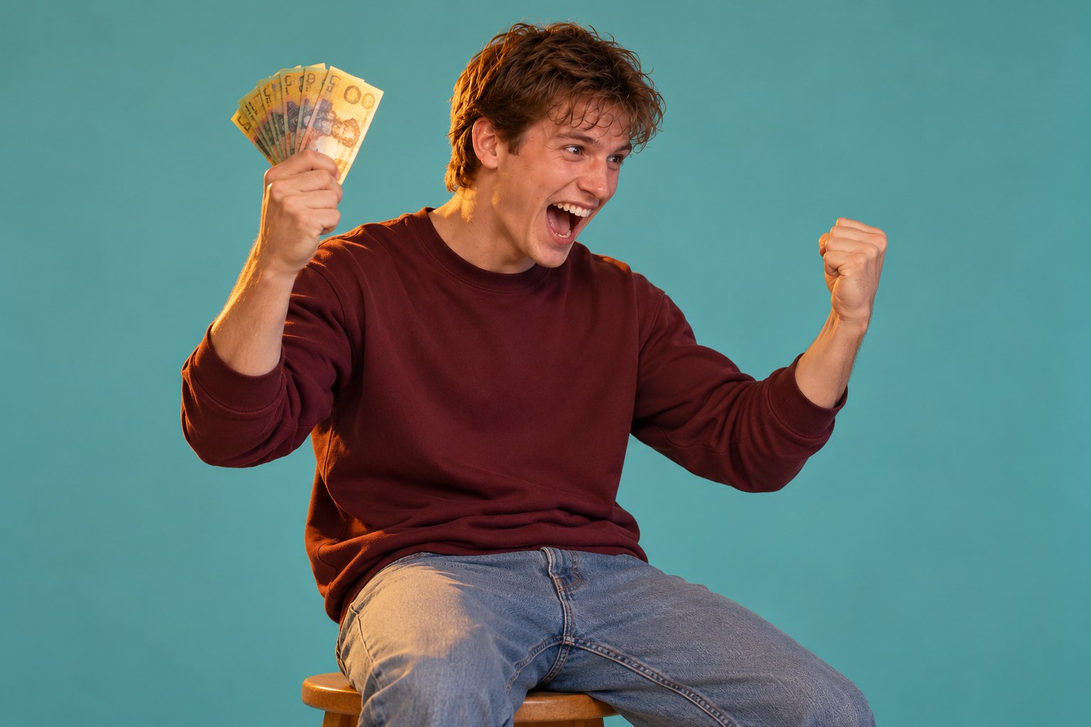 A young man grins wildly holding up a fan of banknotes, studio photograph in the style of 1999 Sydney