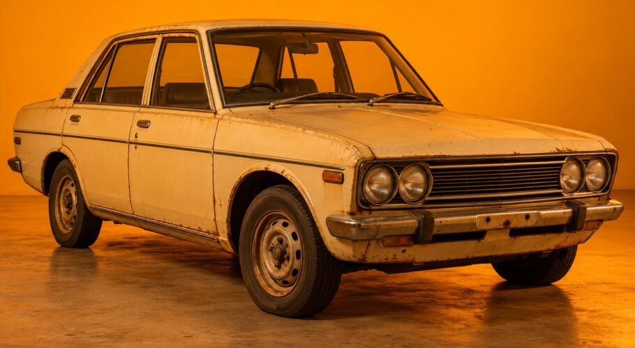 A faded, rusty cream 1970s Datsun sedan with no number plates.