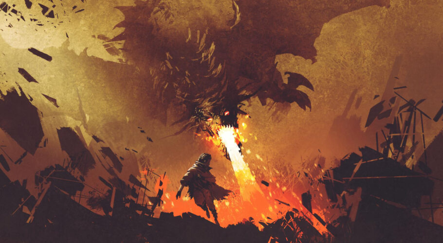 fantasy scene showing young boy running away from fire dragon
