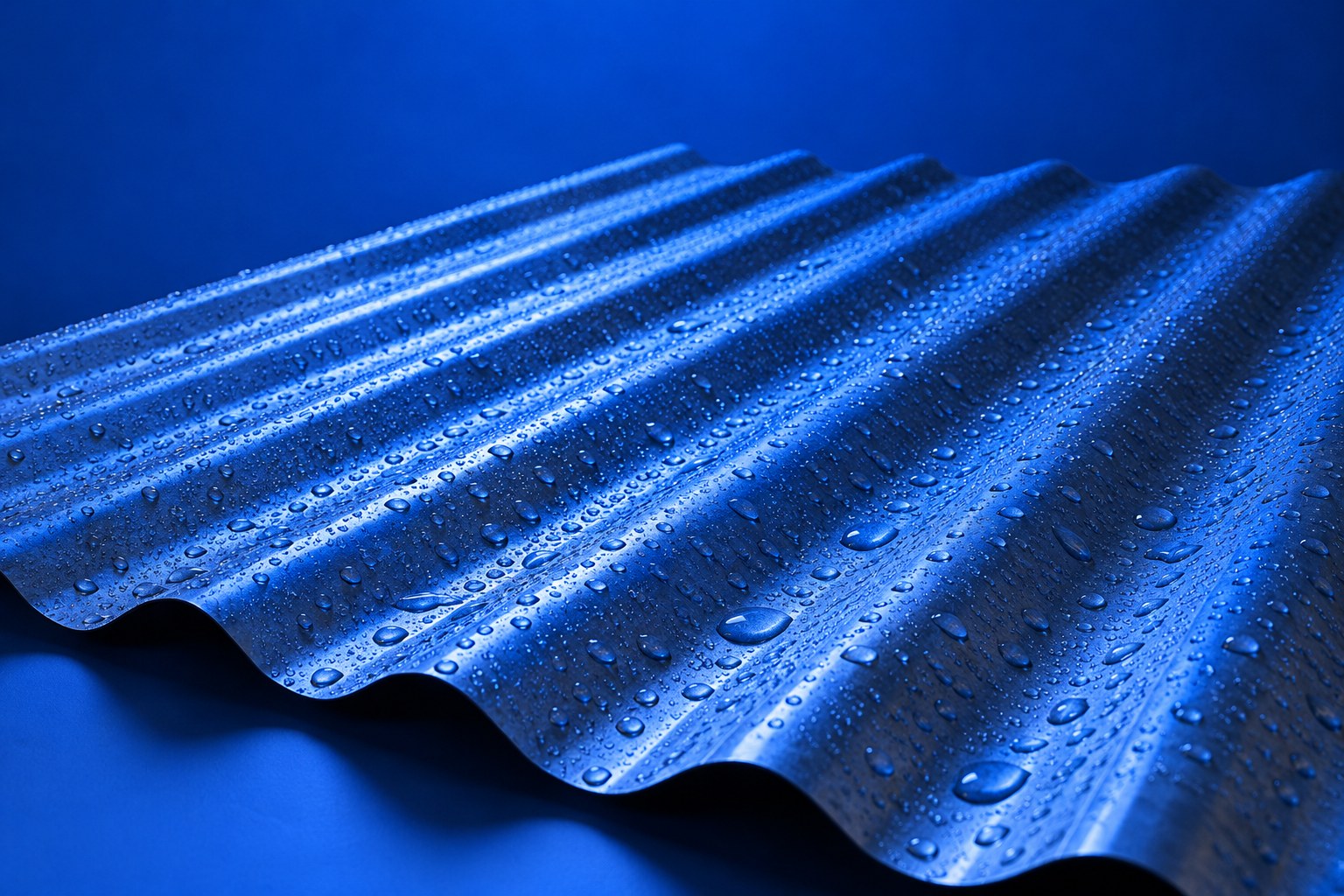 a sheet of corrugated tin roofing with raindrops beading on its surface photographed in a studio