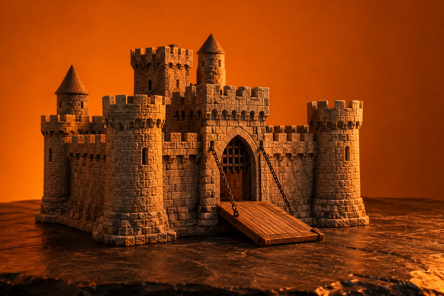 a small grey stone model castle with a wooden drawbridge on a slate surface photographed in a studio