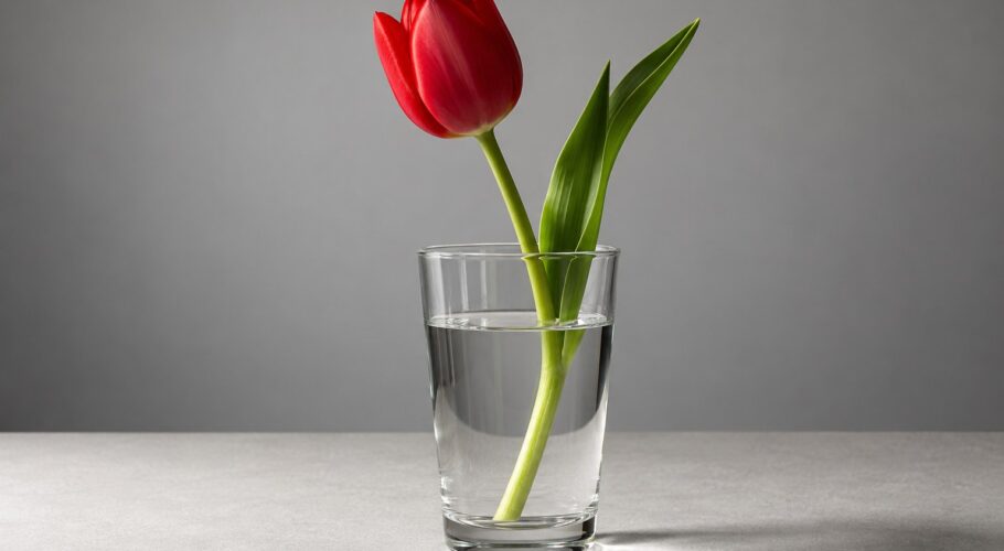 a single red tulip standing in a clear glass of water photographed in a studio