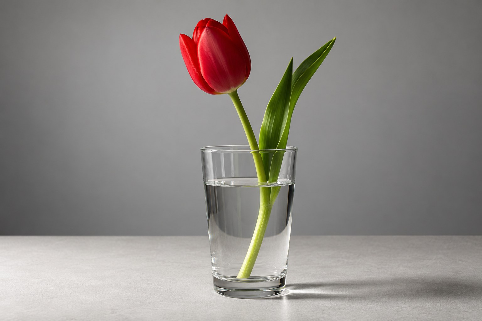 a single red tulip standing in a clear glass of water photographed in a studio