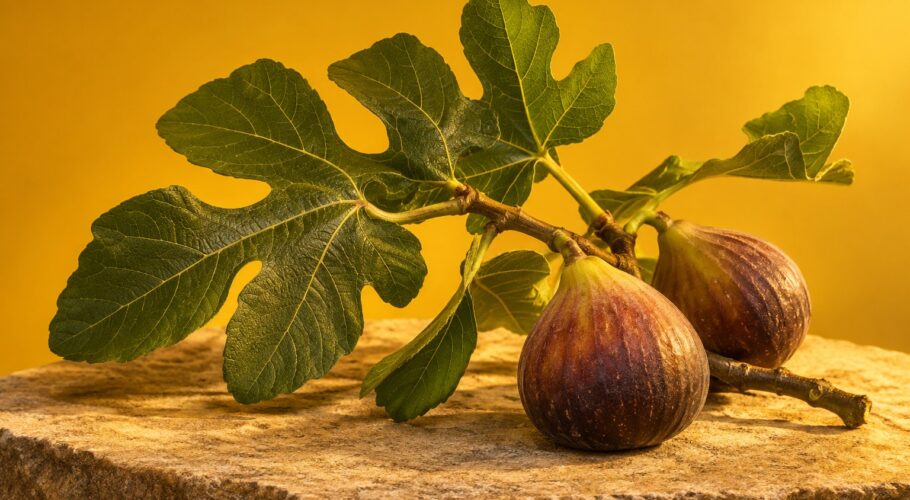 A fig branch with leaves and two ripe figs