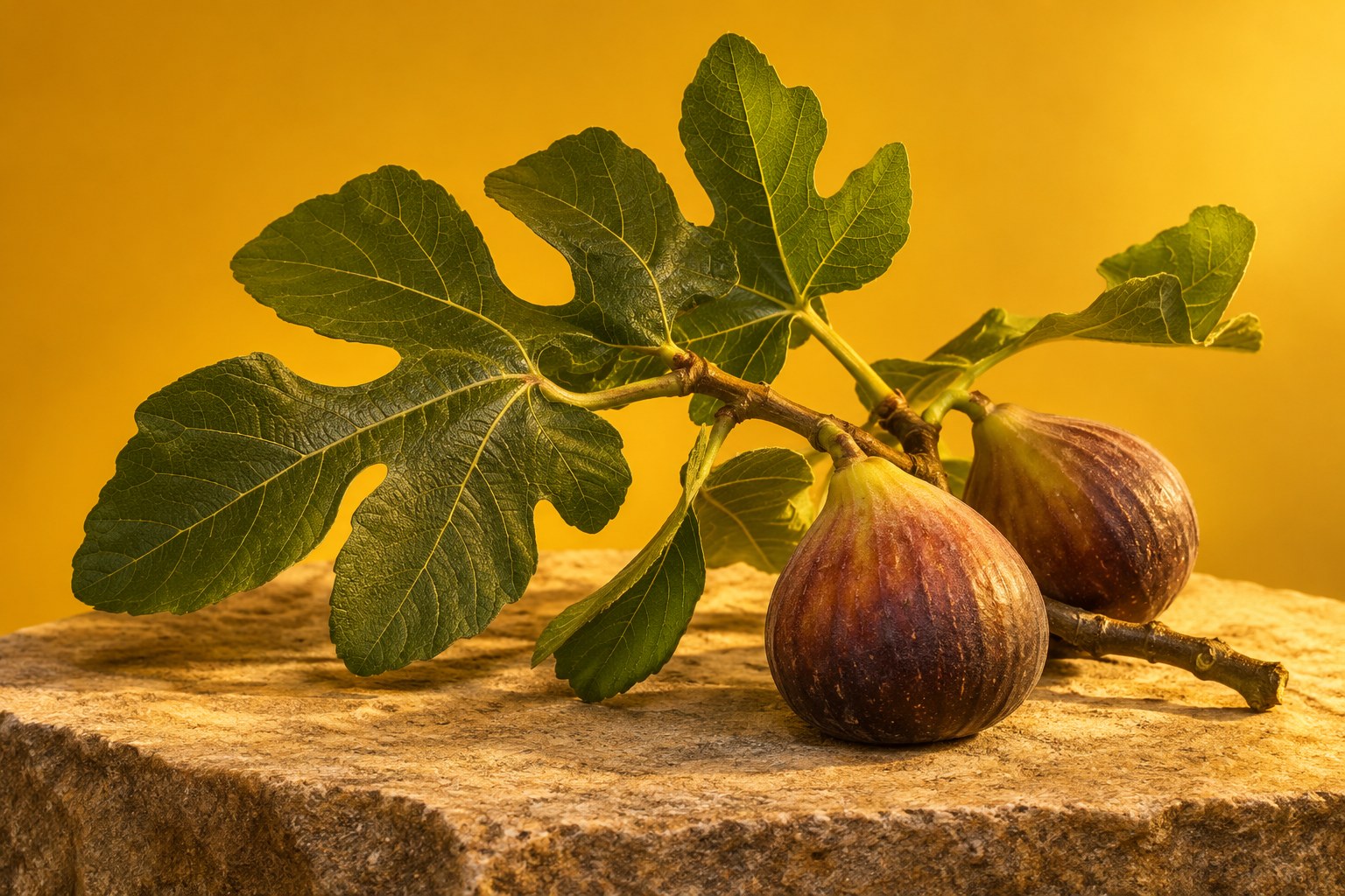 A fig branch with leaves and two ripe figs