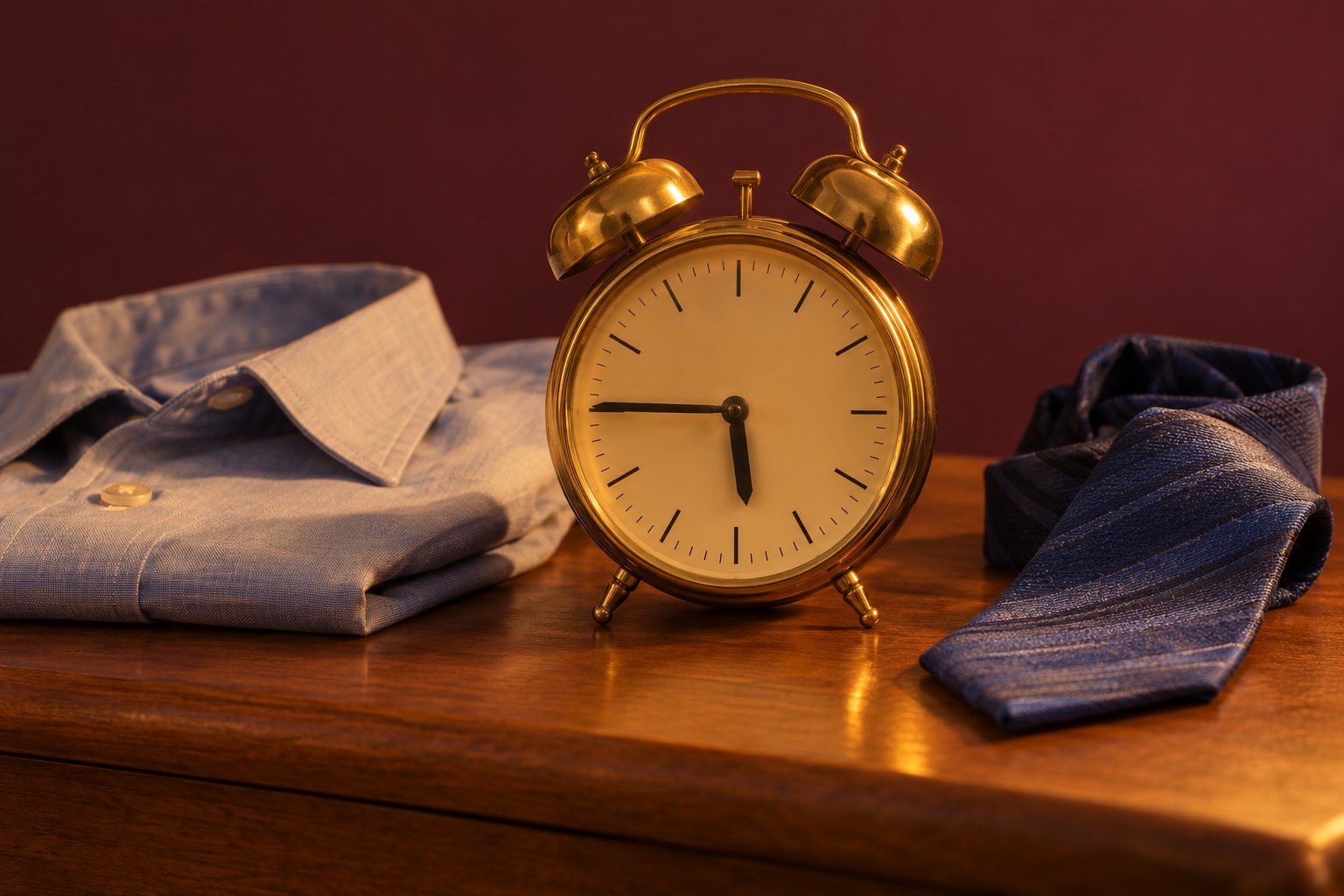 An old wind-up alarm clock beside a folded shirt and tie on a plain surface, studio photograph in the style of 1999 Sydney