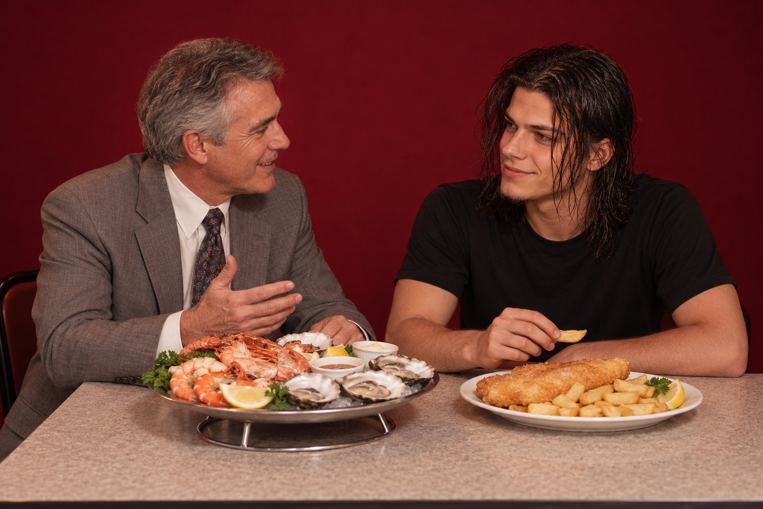 An older man in a grey suit and a teenage lad share fish and chips and a seafood platter at a table, 1990s Australia.