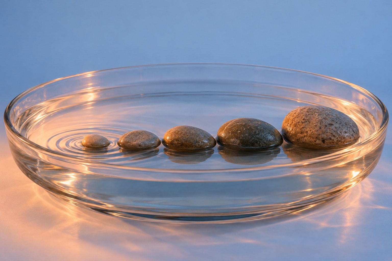 Five stones in a row in a shallow dish of still water with ripples, studio photograph in the style of 1999 Sydney