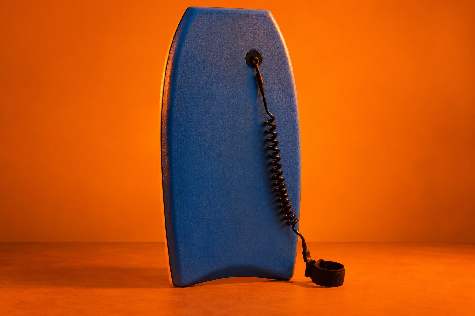 A foam bodyboard with a coiled leash