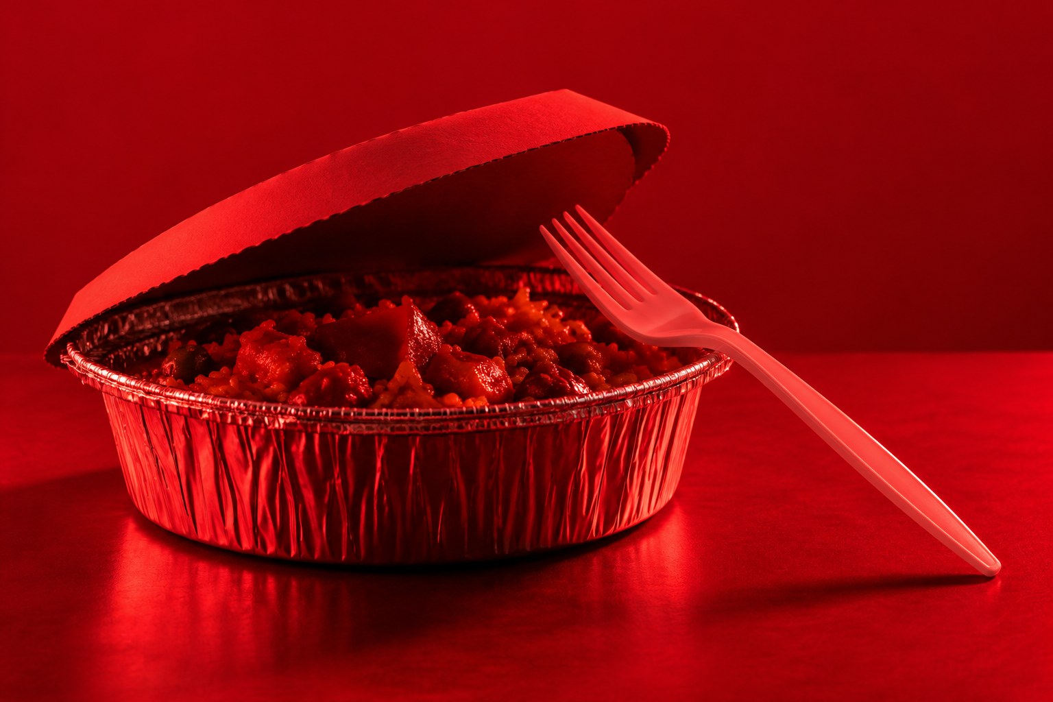 A foil takeaway container with a plastic fork on a plain backdrop
