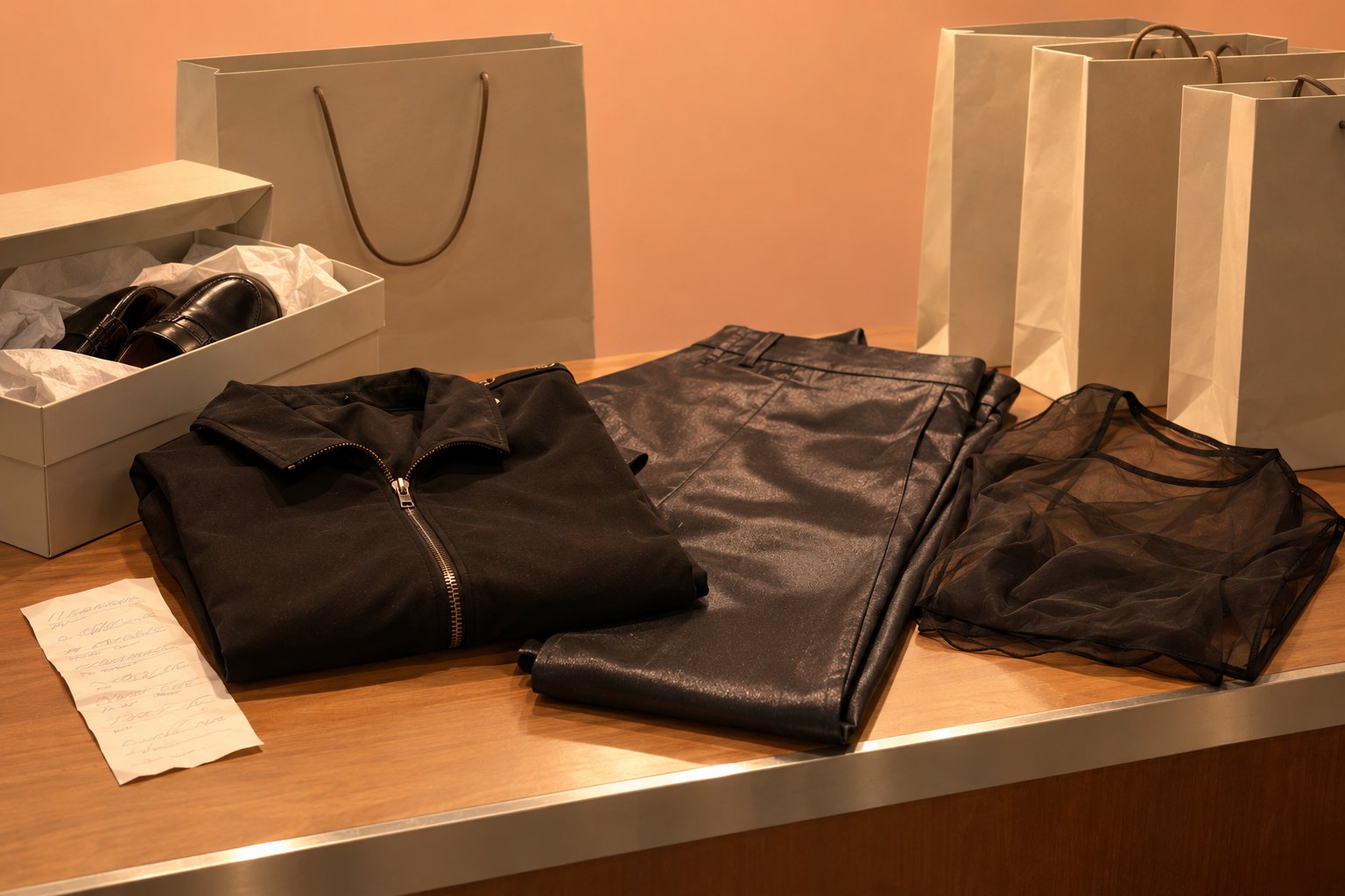 Folded clubbing clothes, a shoebox and paper shopping bags on a shop counter, 1990s Sydney.