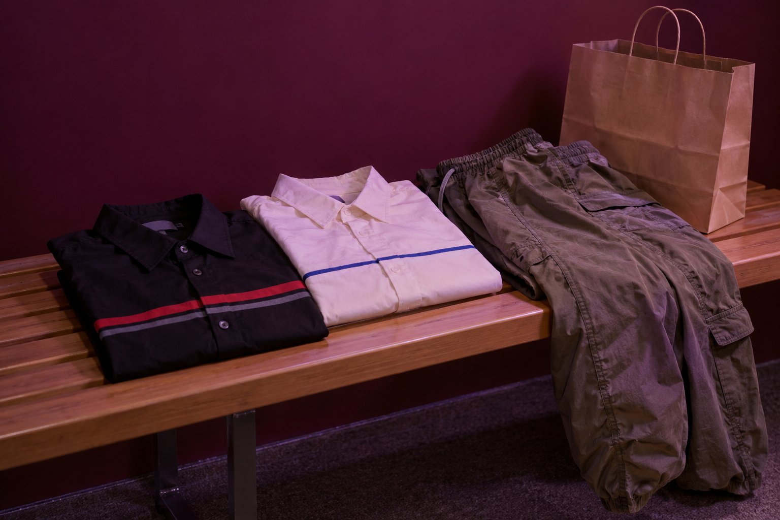 Folded striped shirts, baggy parachute pants and a paper shopping bag on a change-room bench.