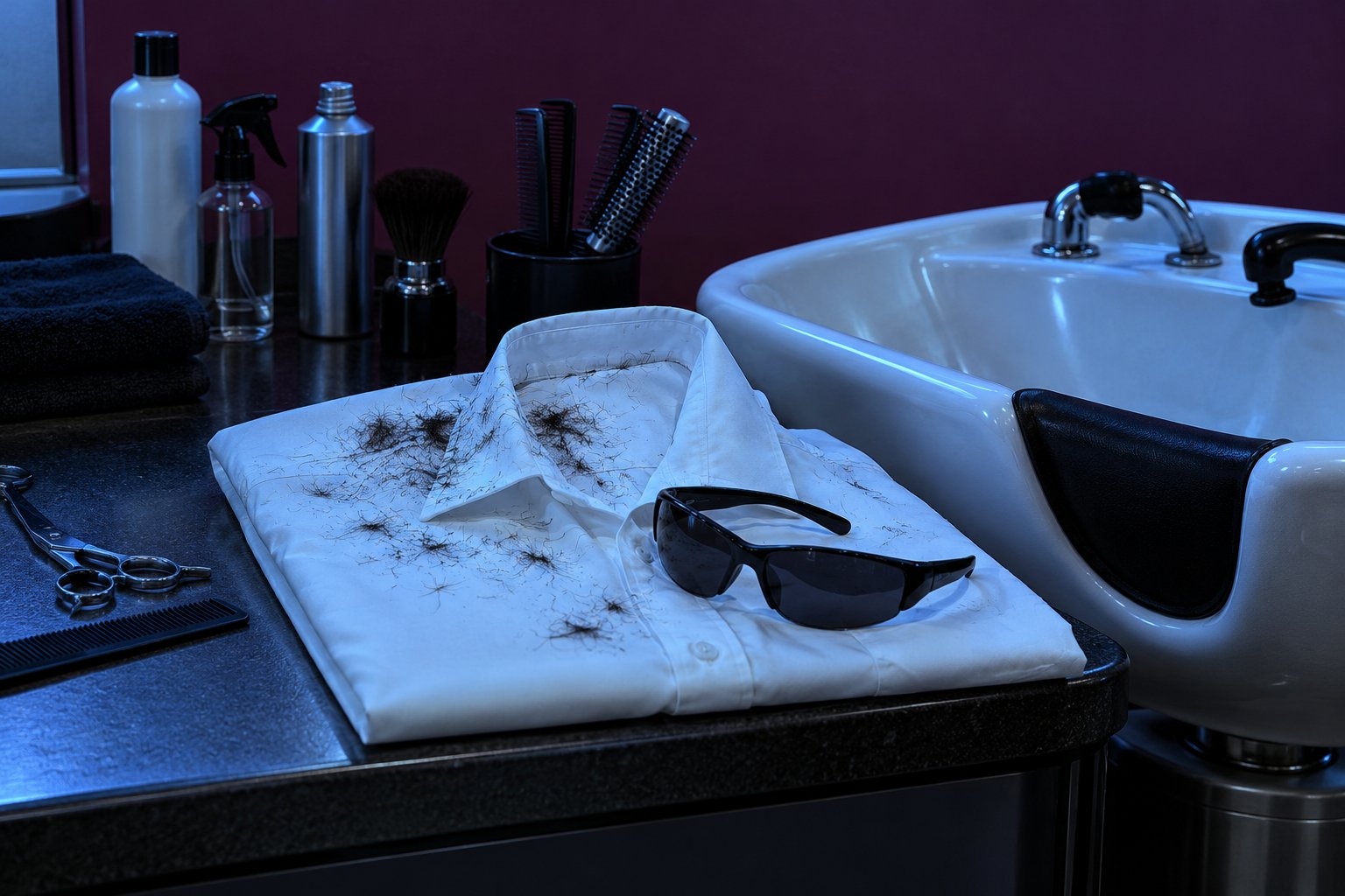 A folded white shirt with hair clippings and dark sunglasses on a hair salon counter in 1990s Australia.