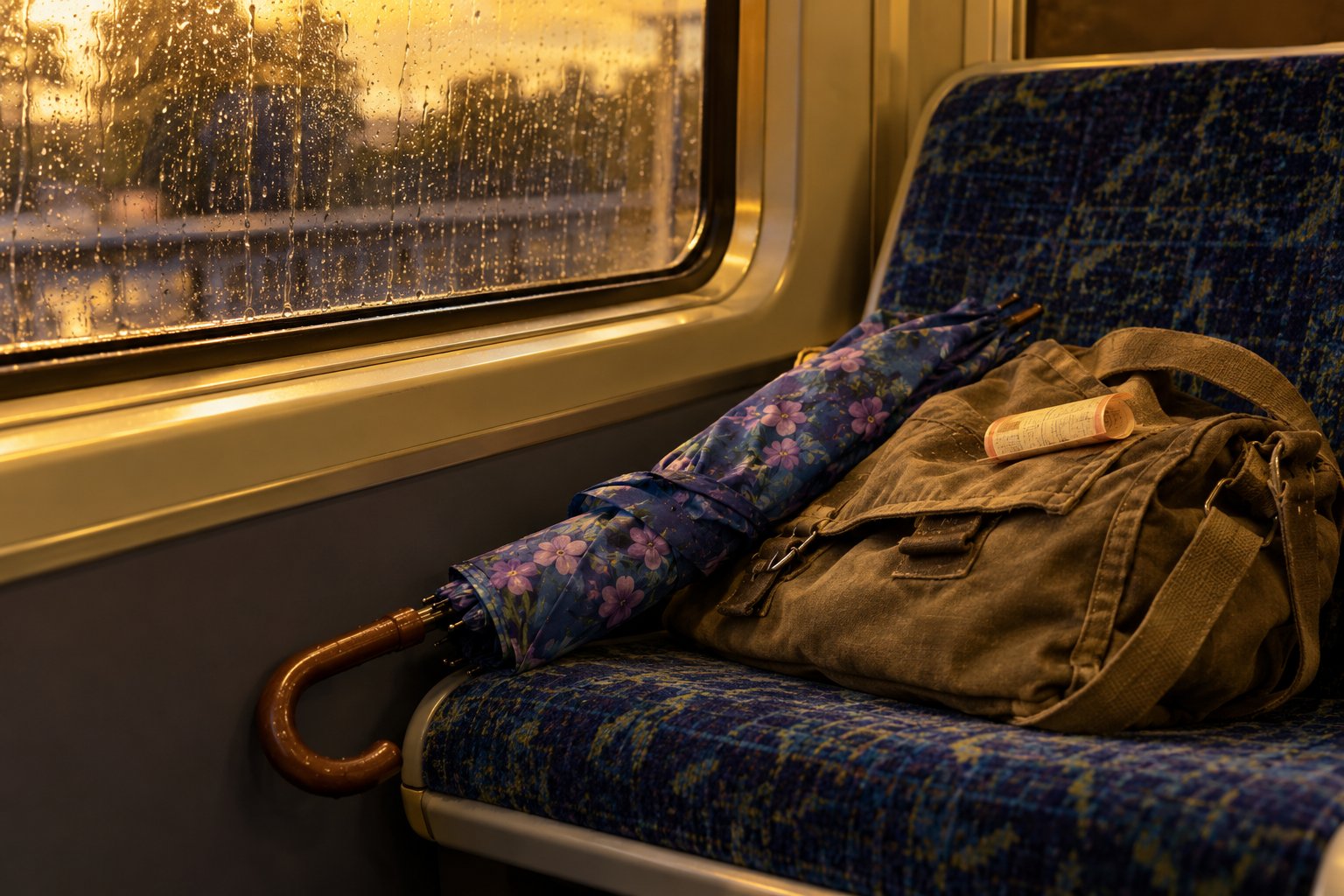 A blue flowered folding umbrella and a canvas bag with a rolled ticket on a train seat beside a rain-streaked window.