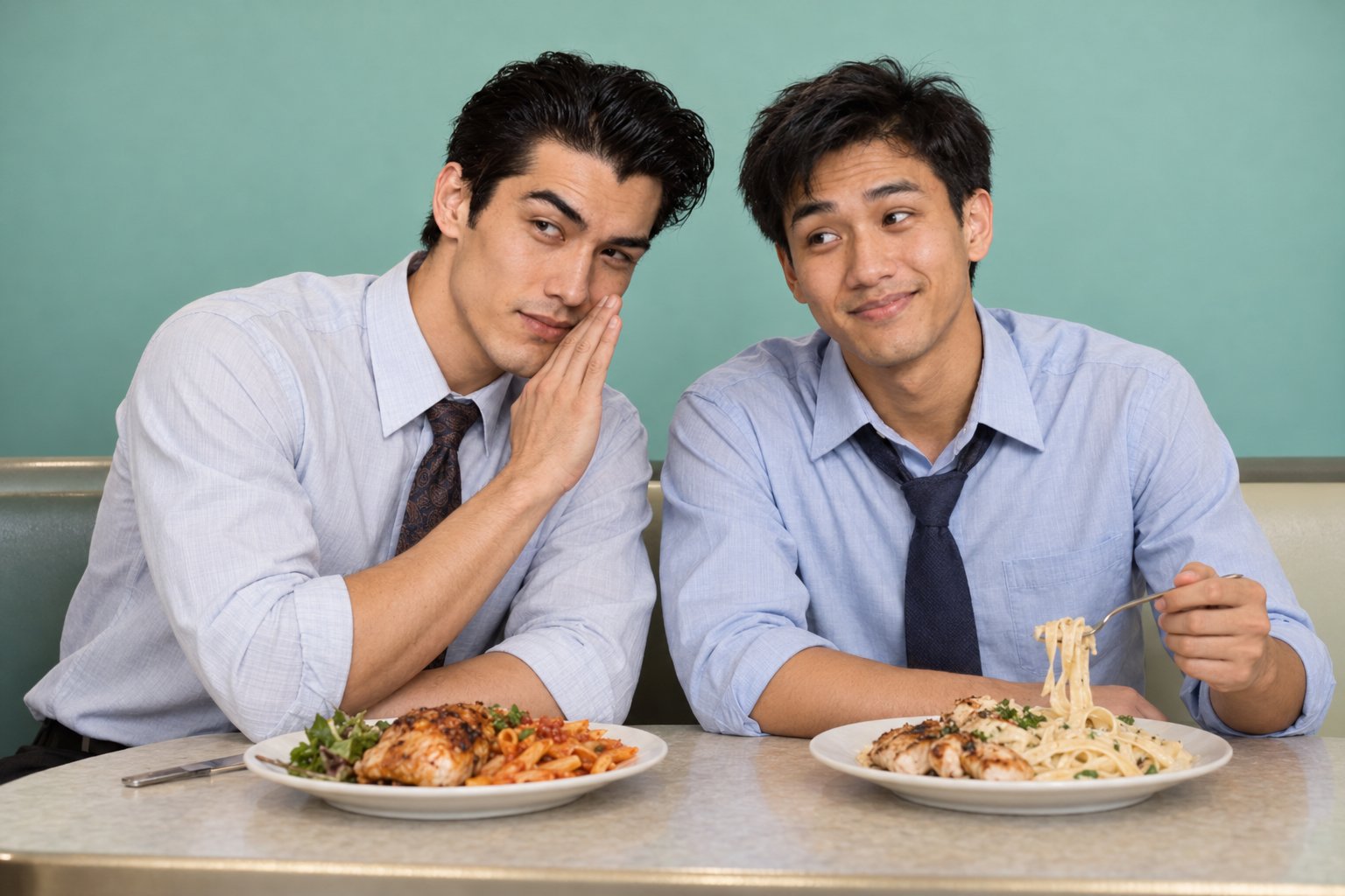 Two young men in business shirts and ties whisper over plates of chicken and pasta in a 1990s food court booth.
