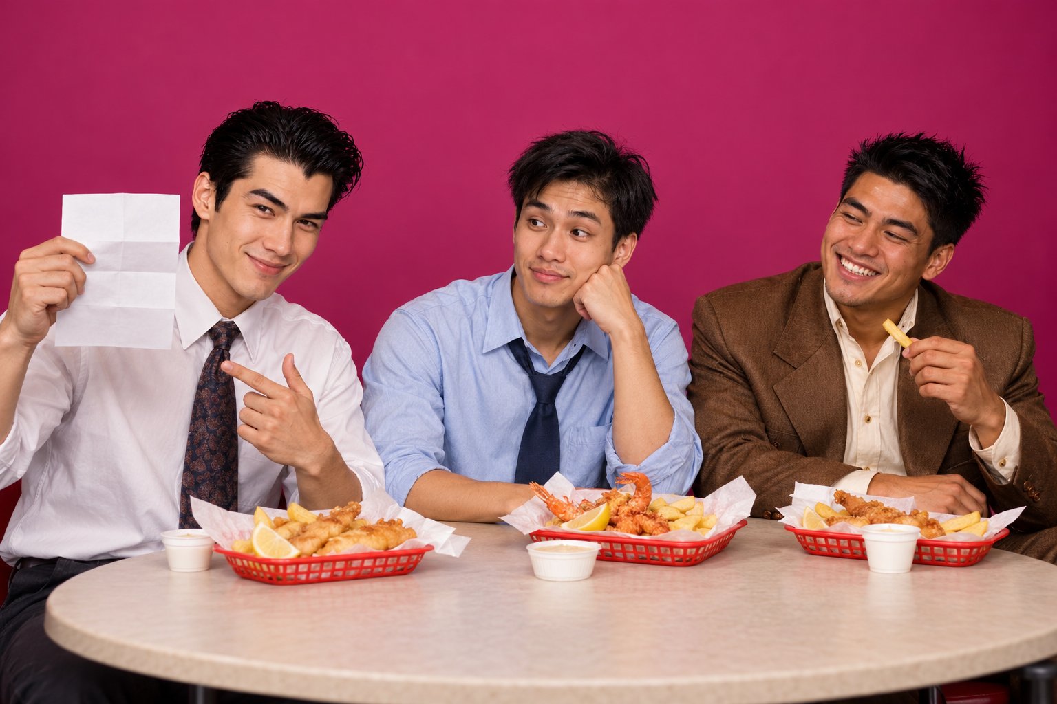 A grinning young man in a tie showing a folded letter to two companions at a food court table in 1990s Sydney.