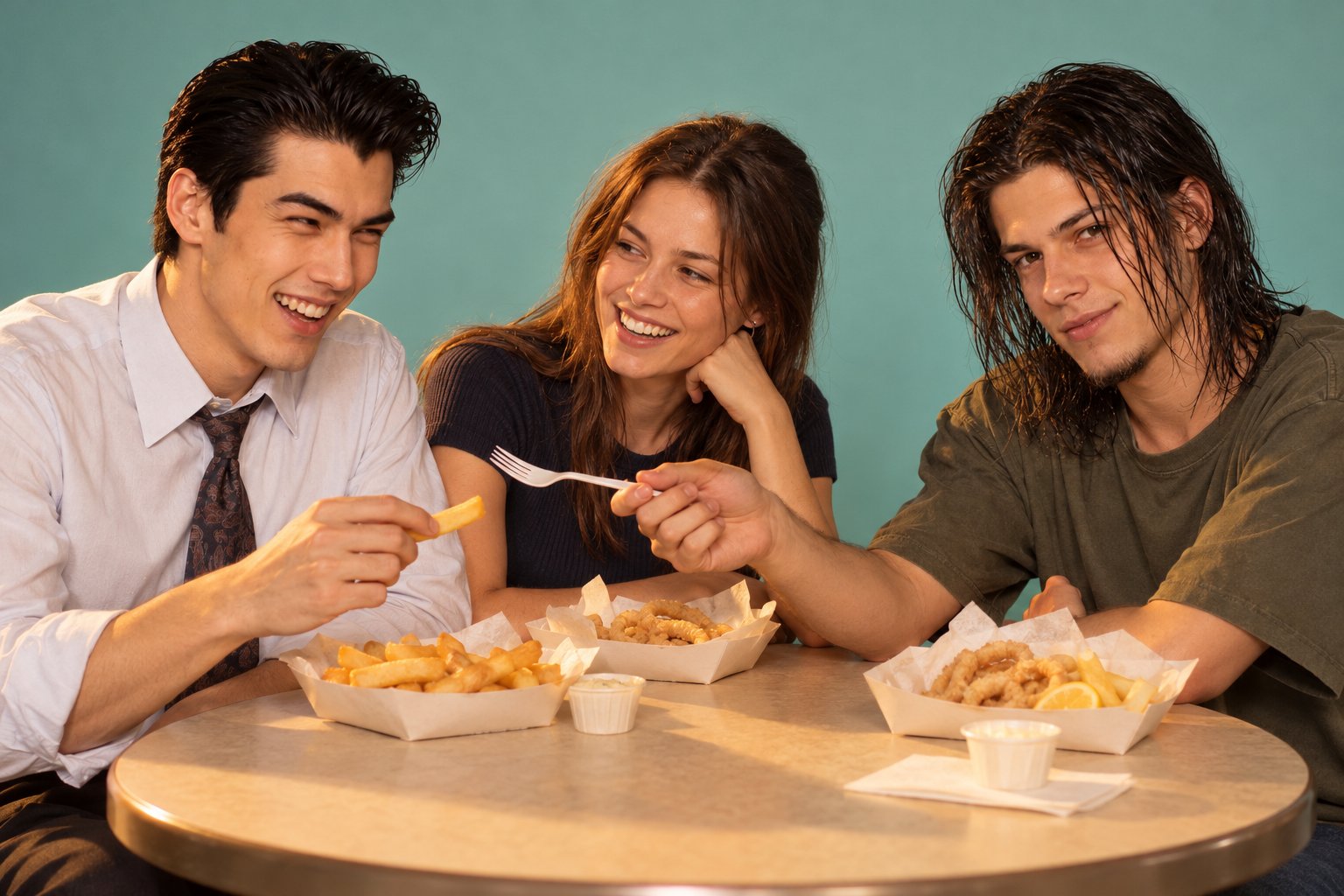Two young men share hot chips and calamari at a crowded food court table, one handing a plastic fork across, 1990s Australia.