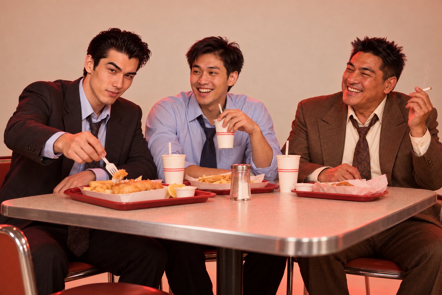 Men in office shirts and loosened ties share a laminate table and fish lunch in a 1990s shopping centre food court.