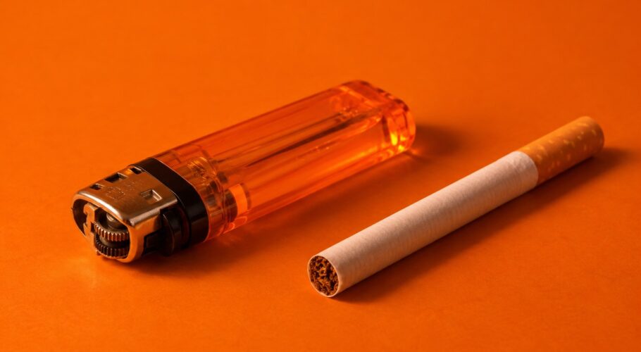 A disposable lighter and a loose cigarette on a table
