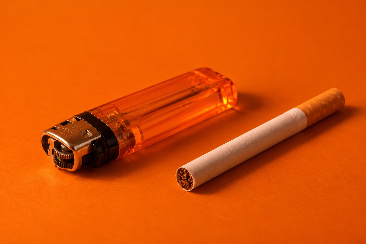 A disposable lighter and a loose cigarette on a table