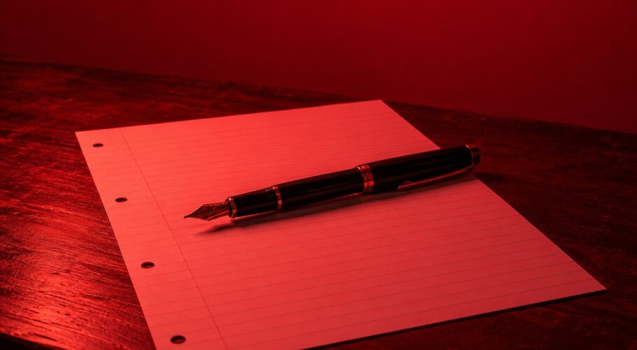 A fountain pen lying across a blank sheet of paper on a wooden desk in red light