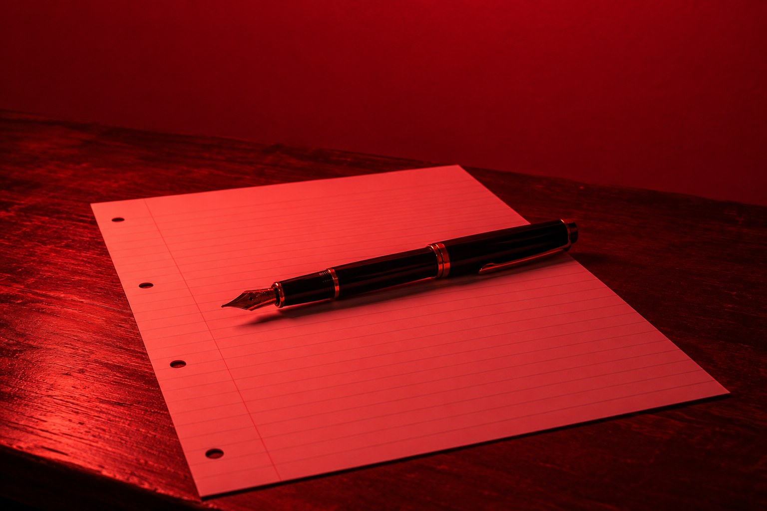 A fountain pen lying across a blank sheet of paper on a wooden desk in red light