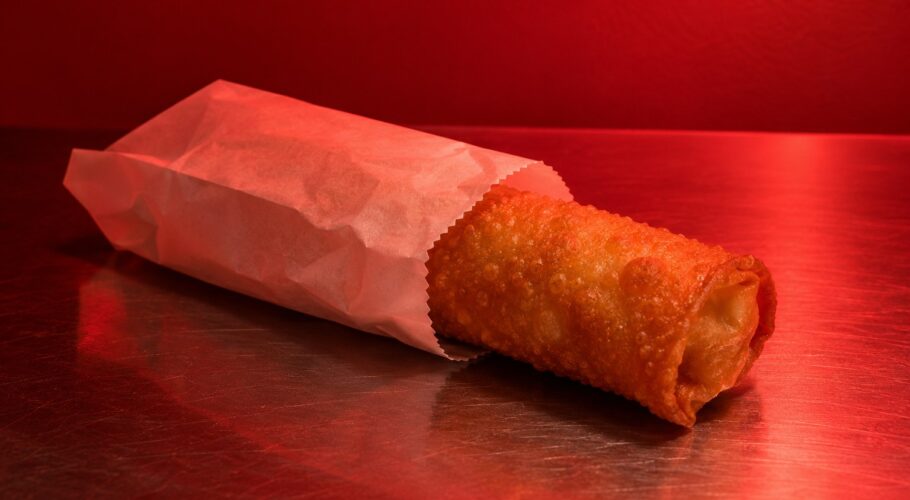 A golden fried snack roll in a paper wrapper on a steel counter