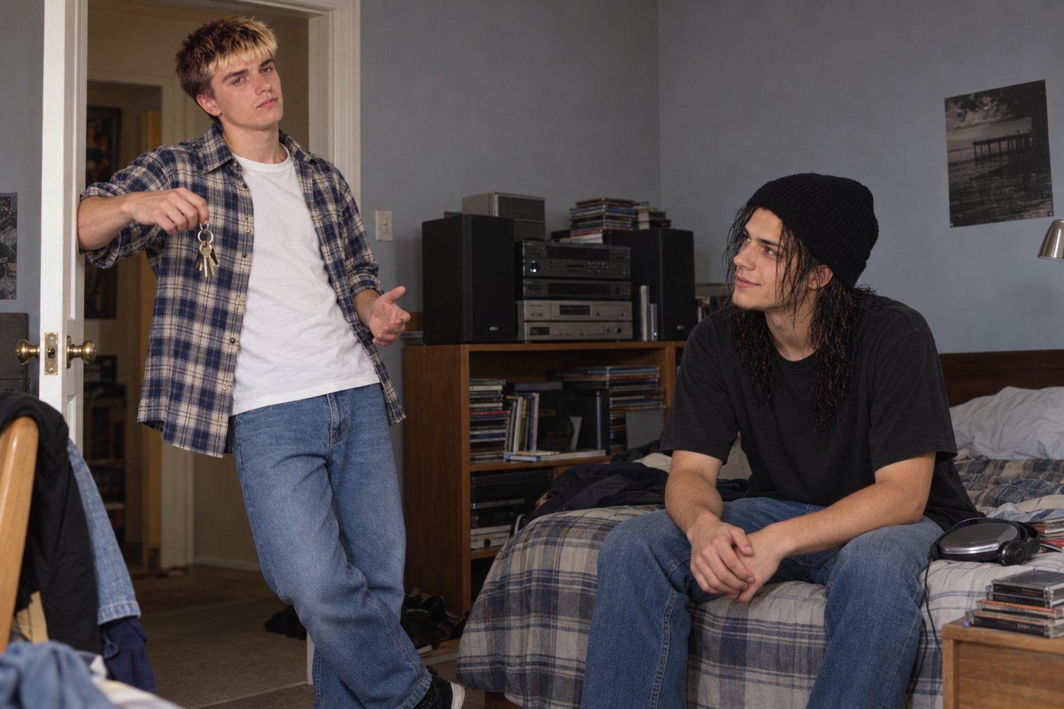A young man in a flannel shirt jangling car keys in a bedroom doorway while a friend in a beanie listens in 1990s Australia.