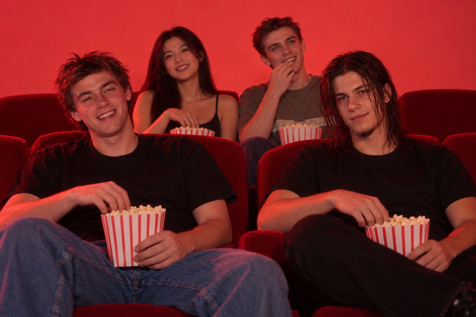 Four young friends in black shirts watching a film in a darkened cinema with popcorn boxes on their knees in 1990s Australia.