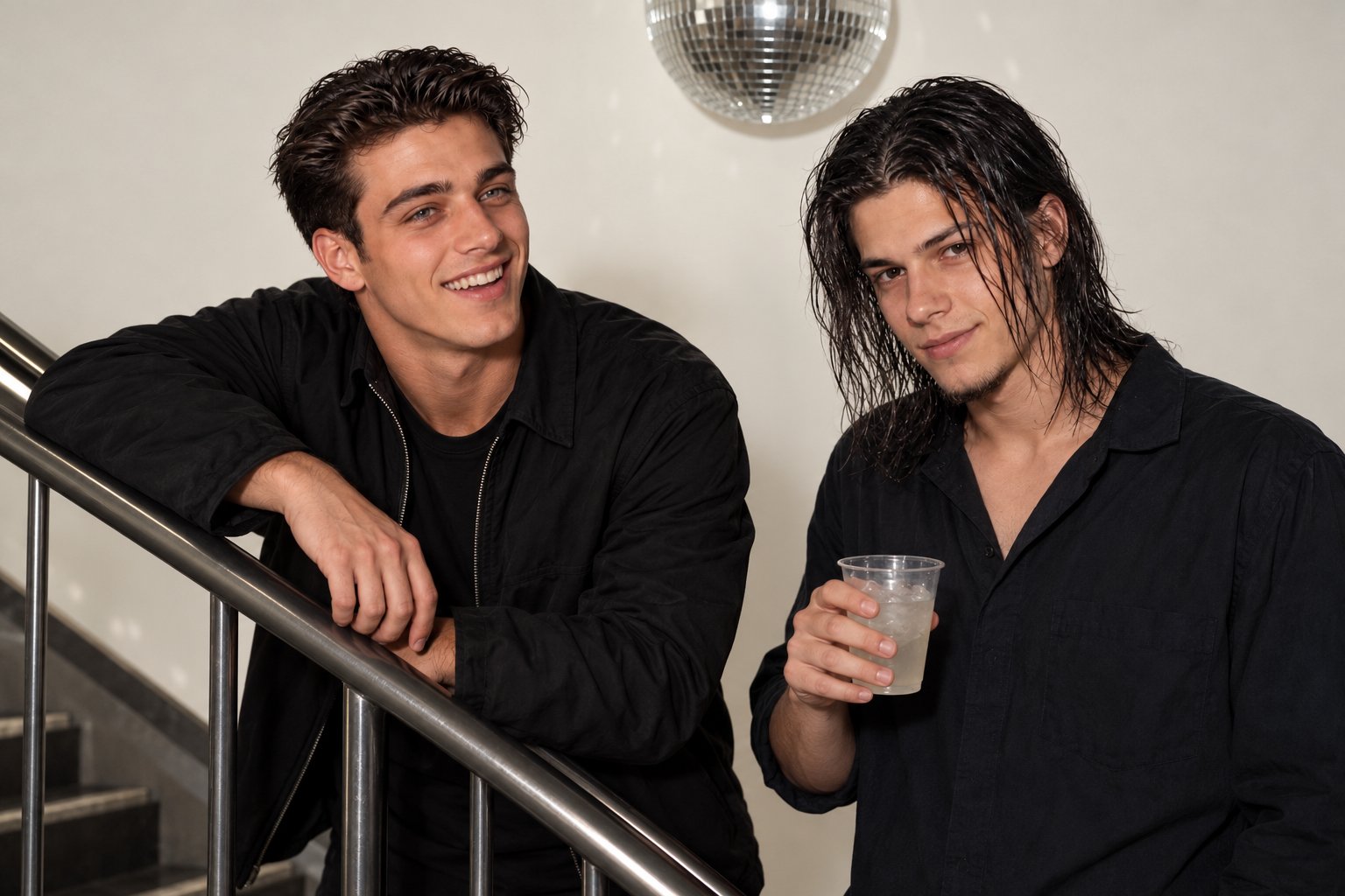 Two young men lean on a rail by a nightclub staircase, one laughing, the other holding a plastic cup, 1990s Australia.