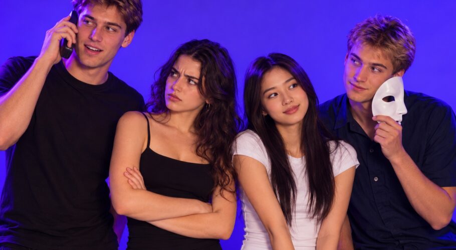 Four young friends at the movies, one on a phone, one holding a white opera half mask, against a plain violet studio backdrop