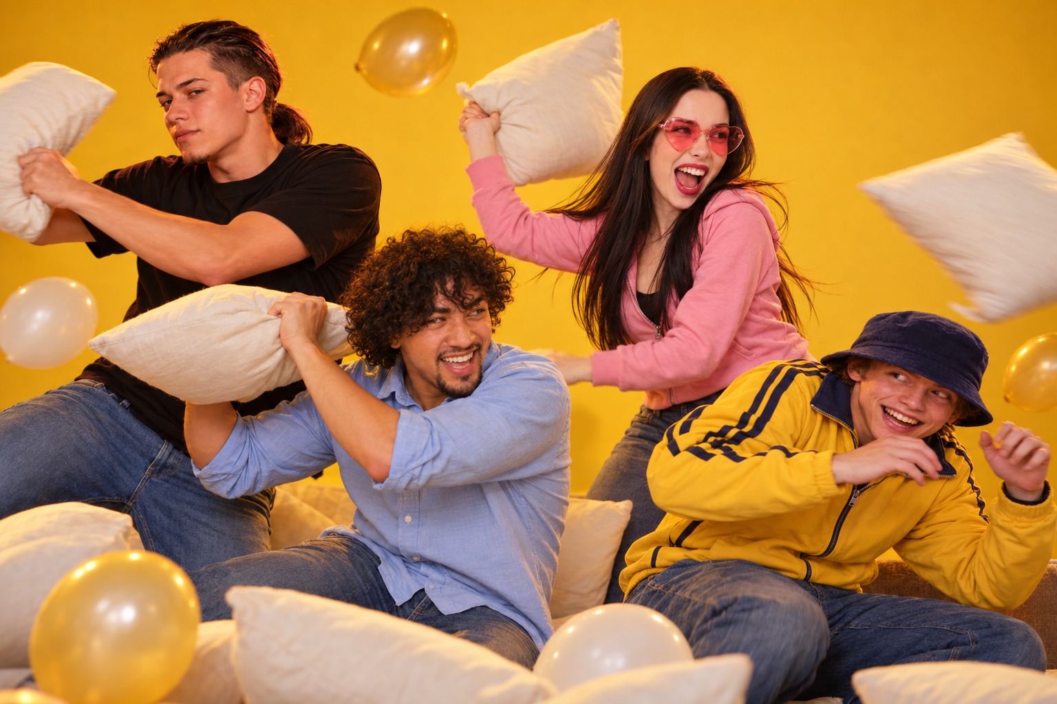 Tony, Tamsen in pink glasses, Ralf and Shawn in a cushion fight